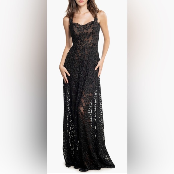 Dress the Population Anabel Semisheer Sweetheart Gown - Black Floral Lace Maxi - Picture 1 of 11